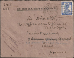 Inde Anglaise 1948. Enveloppe E Franchise, Enquête Zoologique De Pêche. Michel 173, Bénarès Ou Varanasi à Paris - Brieven En Documenten