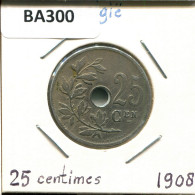 25 CENTIMES 1908 BELGIE-BELGIQUE BELGIEN BELGIUM Münze #BA300.D - 25 Cents