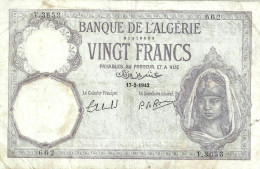 ALGERIA FRANCAISE 20 FRANCS WOMAN HEAD FRONT MAN BACK DATED 17-02-1942 P78b  AVF READ DESCRIPTION - Algerien