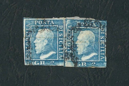 SICILIA - Coppia 2 Gr. Azzurro Raffigurante Effigie Di Ferdinando II (I Tavola) Con Annullo A Ferro Di Cavallo - Sicilia