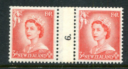 New Zealand 1953-59 QEII Definitives - Coil Pairs - 3d Vermilion - No. 6 - LHM (SG Unlisted) - Neufs