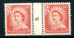 New Zealand 1953-59 QEII Definitives - Coil Pairs - 3d Vermilion - No. 9 - LHM (SG Unlisted) - Unused Stamps