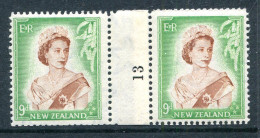 New Zealand 1953-59 QEII Definitives - Coil Pairs - 9d Brown & Green - Horizontal - No. 13 - LHM - Nuevos