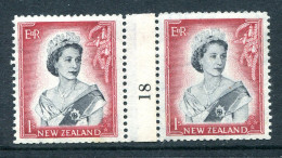 New Zealand 1953-59 QEII Definitives - Coil Pairs - 1/- Black & Carmine - Horizontal - No. 18 - LHM - Neufs