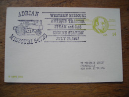 1987 Antique Tractor Tracteur, Vapeur Et Essence, Adrian Missouri, Entier Postal Wythe - Souvenirs & Special Cards