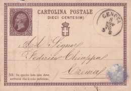 1876 Intero Postale 10 C. Viaggiata Da Genova Per Crema 8.11.1876 - Interi Postali