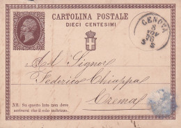 1876 Intero Postale 10 C. Viaggiata Da Genova Per Porto Maurizio 29.09.1876 - Stamped Stationery