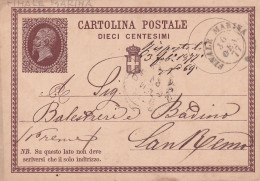 1877 Intero Postale 10 C. Viaggiata Da Finale Marina Per San Remo  30.01.1877 - Stamped Stationery