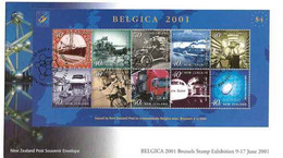 New Zealand 2001 Mail Carriage In The 20th Century., Stamp Exhibition Belgica 2001 - Mi  1880-1889 II In Minisheet, FDC - Covers & Documents