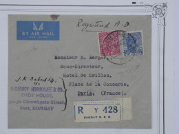 BR18 INDIA  BELLE LETTRE RARE 1937 AIR MAIL  BOMBAY  A  L HOTEL CRILLON  PARIS +CACH. CIRE ROUGE  +AFF. PLAISANT+ - 1936-47 King George VI