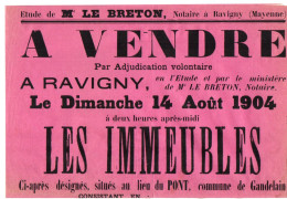 VP21.962 - 1904 - Affiche 29 X 40 - Etude Me LE BRETON, Notaire à RAVIGNY - Vente D'immeubles Situés à GANDELAIN - Posters
