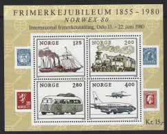 A42 - Norway - 1980 - SW 833/836 MNH Sheet - International Stamp Exhibition NORWEX 80 - Ship Train Bus Plane - Esposizioni Filateliche