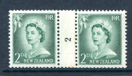 New Zealand 1955-59 QEII Large Figure Definitives - Coil Pairs - 2d Bluish-green - No. 2 - LHM - Nuevos