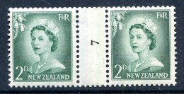 New Zealand 1955-59 QEII Large Figure Definitives - Coil Pairs - 2d Bluish-green - No. 7 - LHM - Ongebruikt