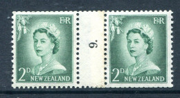 New Zealand 1955-59 QEII Large Figure Definitives - Coil Pairs - 2d Bluish-green - No. 9 - LHM - Unused Stamps