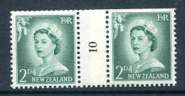 New Zealand 1955-59 QEII Large Figure Definitives - Coil Pairs - 2d Bluish-green - No. 10 - LHM - Ongebruikt