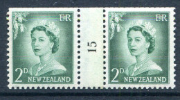 New Zealand 1955-59 QEII Large Figure Definitives - Coil Pairs - 2d Bluish-green - No. 15 - LHM - Ongebruikt