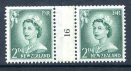 New Zealand 1955-59 QEII Large Figure Definitives - Coil Pairs - 2d Bluish-green - No. 16 - LHM - Nuevos