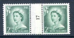 New Zealand 1955-59 QEII Large Figure Definitives - Coil Pairs - 2d Bluish-green - No. 17 - LHM - Ongebruikt