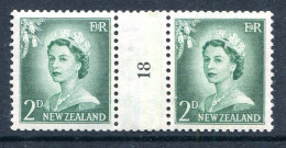 New Zealand 1955-59 QEII Large Figure Definitives - Coil Pairs - 2d Bluish-green - No. 18 - LHM - Nuevos