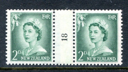 New Zealand 1955-59 QEII Large Figure Definitives - Coil Pairs - 2d Bluish-green - No. 18 - LHM - Nuovi