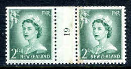 New Zealand 1955-59 QEII Large Figure Definitives - Coil Pairs - 2d Bluish-green - No. 19 - LHM - Neufs