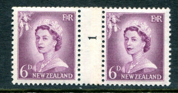 New Zealand 1955-59 QEII Large Figure Definitives - Coil Pairs - 6d Mauve - No. 1 - LHM - Unused Stamps