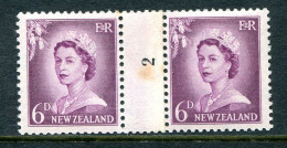 New Zealand 1955-59 QEII Large Figure Definitives - Coil Pairs - 6d Mauve - No. 2 - LHM - Unused Stamps