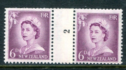 New Zealand 1955-59 QEII Large Figure Definitives - Coil Pairs - 6d Mauve - No. 2 - LHM - Unused Stamps