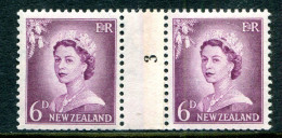 New Zealand 1955-59 QEII Large Figure Definitives - Coil Pairs - 6d Mauve - No. 3 - LHM - Unused Stamps