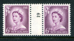 New Zealand 1955-59 QEII Large Figure Definitives - Coil Pairs - 6d Mauve - No. 19 - LHM - Unused Stamps
