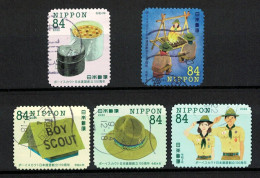 JAPAN 2022 100 YEARS OF SCOUTING IN JAPAN, SCOUT,CAMP FIRE,FOOD, COMP. SET OF 5 STAMPS ODD SHAPED USED (**) - Oblitérés