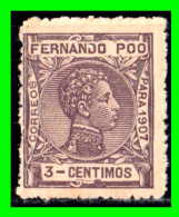 ESPAÑA COLONIAS ESPAÑOLAS FERNANDO POO 3 Cts. -1907 ALFONSO XIII . COLOR VIOLETA - Fernando Po