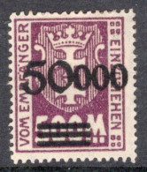 Danzig 1923 Single Stamp From The Postage Due Set With 50000 Overprint In Mounted Mint No Gum - Strafport