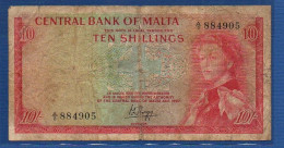 MALTA - P.28 – 10 Shillings L. 1967 (1968) Circulated AVG, S/n A/2 884905  "Elizabeth II" Issue - Malta