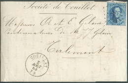 N°15 - Médaillon 20 Centimes Bleu Obl. LP.91 Sur Lettre De COUILLET Le 3-08-1865  Vers Tirlemont  - 21038 - 1863-1864 Medaillen (13/16)