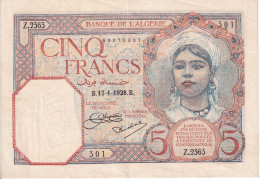 BILLETE DE ARGELIA DE 5 FRANCS DEL 17-1-1928 EN CALIDAD EBC (XF) (BANKNOTE) - Algérie