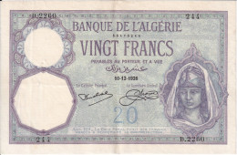 BILLETE DE ARGELIA DE 20 FRANCS DEL 10-12-1926 EN CALIDAD EBC (XF) (BANKNOTE) - Argelia