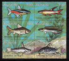 BRAZIL 1976 BRAZILIAN FRESHWATER FISH FAUNA BLOCK OF 6 DIFF MINT NH SC 1460/65 - Oblitérés