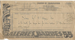 Télégramme Postes Et TELEGRAPHES - Formule 1392-25 - Publicité - Aux GALERIES BARBES - 55 - Meubles - Telegraph And Telephone