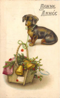 FETES - Bonne Année - Chien - Panier - Cloches - Fleurs - Carte Postale Ancienne - Nouvel An