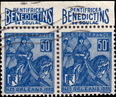 FRANCE - 1929 - Paire Yv.257 50c Jeanne-d'Arc T.I Avec Bande Pub "DENTIFRICES BENEDICTINS DE SOULAC" - Oblitérés TB - Used Stamps