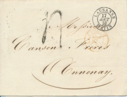 1853 Cachet " LAUSANNE MATIN 17/8/53  " + Cachet D'entrée En FRance " SUISSE FERNEY  " Sur Lettre Port Dû Taxe 4 Geneve - ...-1845 Prephilately