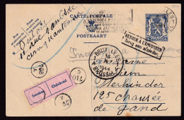 208/39 - Entier Postal Petit Sceau BRUXELLES 1944 En Ville - Etiquette Inconnu , 4 Cachets De Facteurs - Cartes Postales 1934-1951