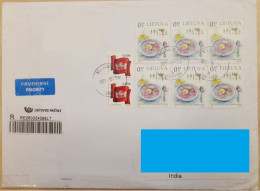 LITHUNIA 2021 2 FLAG + 6 DISHES STAMPS / MULTI FRANKING REGISTERED POSTAL TRAVELLED COVER TO INDIA As Per Scan - Alimentation