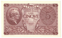 5 LIRE BIGLIETTO STATO ATENA LUOGOTENENZA UMBERTO CAVALLARO 23/11/1944 FDS-/FDS - Sonstige