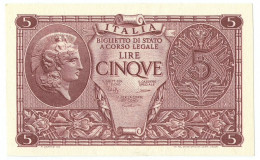 5 LIRE BIGLIETTO STATO ATENA LUOGOTENENZA UMBERTO CAVALLARO 23/11/1944 FDS-/FDS - Otros