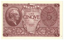 5 LIRE BIGLIETTO STATO ATENA LUOGOTENENZA UMBERTO CAVALLARO 23/11/1944 FDS - Regno D'Italia – Autres