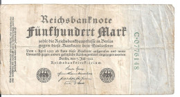 ALLEMAGNE 500 MARK 1922 VF P 74 - 500 Mark