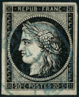 ** N°3 20c Noir S/blanc Obl CàD Bleu , Paris 4/1/49 Très Rare - TB - 1849-1850 Cérès